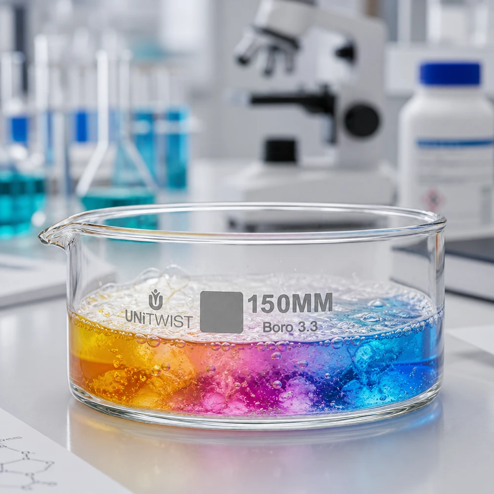 Kristalliseer schaal ø150mm borosilicaatglas UNiTWIST Laboratoriumschaal 150 mm, borosilicaatglas, UNiTWIST, met kleurverloop oranje-roze-blauw en luchtbellen