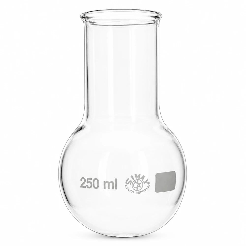 Platbodem kolf 250ml wijde hals borosilicaat met afgeronde rand Rondbodemkolf, brede hals 250ml perfect voor studie, opleiding en professionele laboratoriumtoepassingen