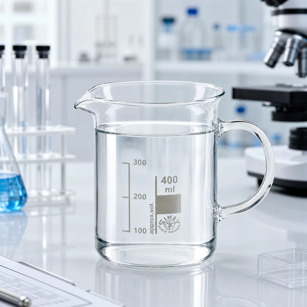 Bekerglas 400 ml van hittebestendig borosilicaatglas met handvat Lege bekerglas van 400 ml met handvat, vervaardigd uit hittebestendig borosilicaatglas, voor chemische experimenten