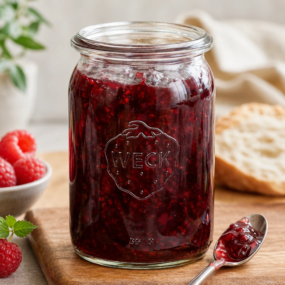 WECK RR40 inmaakpot 145ml gevuld met rode jam en lepel op houten plank naast aardbeien en brood