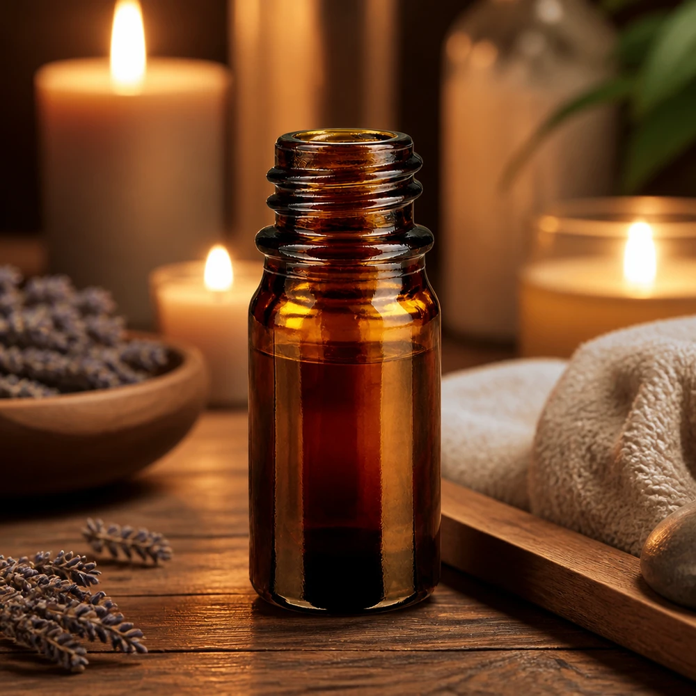 Bruine glazen fles 5ml 5ml bruin apothekersflesje ApoGlas in warm kaarslicht met handdoek en spa-decoratie op houten tafel