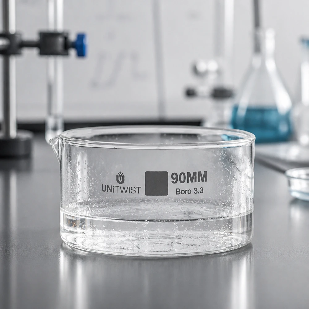 Vlakke verdampingsschaal 90 mm, borosilicaatglas, hittebestendig, UNiTWIST Boro 3.3, helder