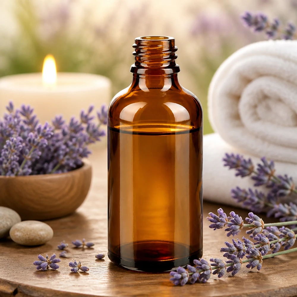 Bruine glazen fles 50ml 50ml bruine ApoGlas apothekersfles met aromatherapie-opstelling van lavendel en witte handdoeken op houten tafel