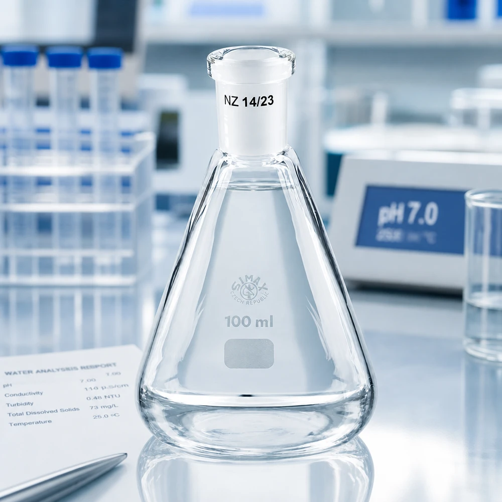Erlenmeyer 100ml nauwe hals borosilicaat met slijpstuk 14/23 Erlenmeyer 100ml nauwe hals borosilicaat met slijpstuk 14/23