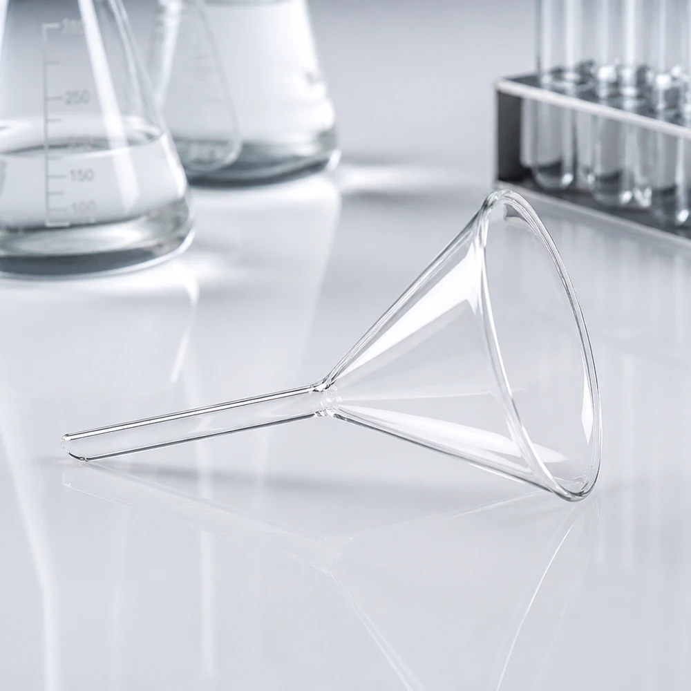 Glazen trechter Ø 100mm - borosilicaat 3.3 - 60° hoek Robuuste borosilicaat trechter met een hoek van 60 graden en een opening van 100 mm voor hittebestendige laboratoriumtoepassingen