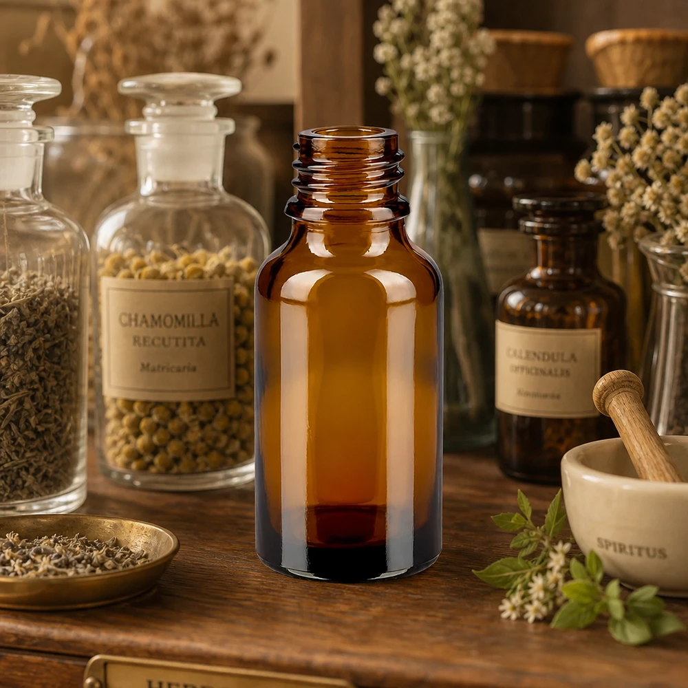 30ml bruine apothekersfles ApoGlas 30ml bruin apothekersflesje ApoGlas met donkere tinctuur in traditionele kruidenapotheek naast vijzel