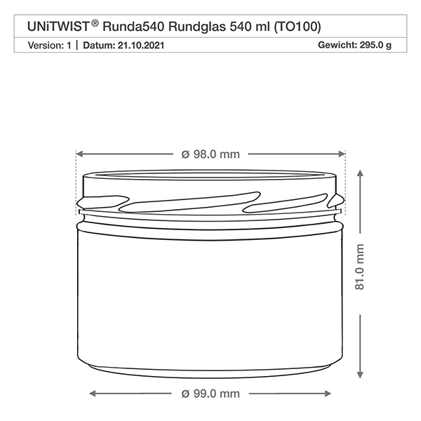 UNiTWIST Runda540 bekers 540ml TO100 technische tekening afmetingen diameter 98mm hoogte 81mm productspecificatie