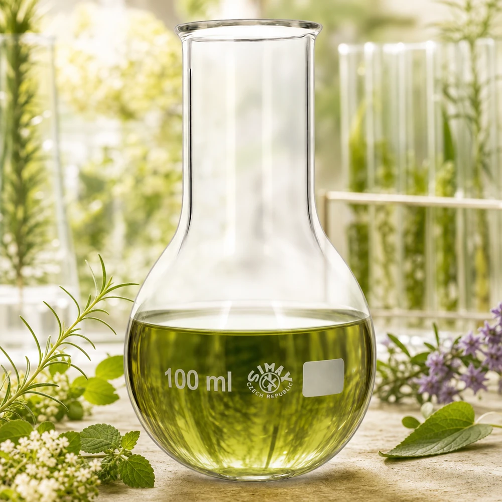 Platbodem kolf 100ml wijde hals borosilicaat met afgeronde rand Rondbodemkolf van 100 ml met maatverdeling voor exacte volumebepaling in het laboratorium