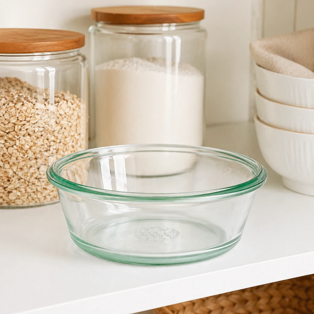 WECK RR120 gourmetpot 300ml leeg op wit keukenblad naast voorraadpotten toont duidelijk design