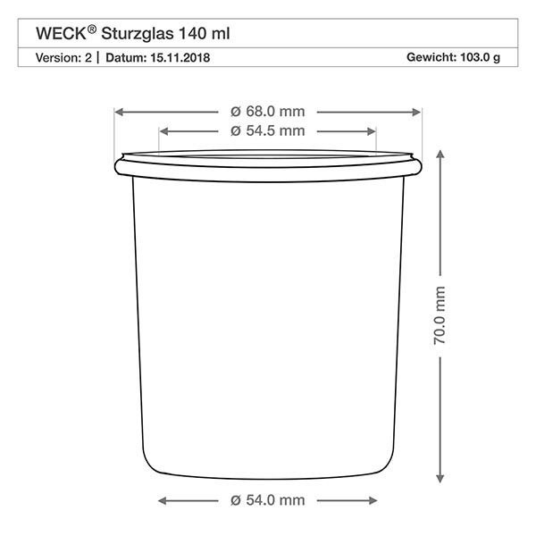 WECK 140ml RR60 inmaakpot met afmetingen en technische tekening voor inmaakpot