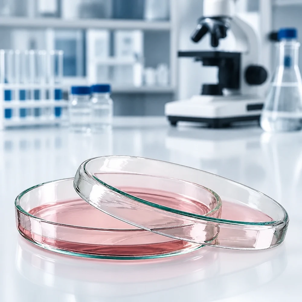 Petrischaal 90x15 mm van glas Glazen petrischaal van 90 x 15 mm voor celculturen, met een microscoop en laboratoriumflessen op de achtergrond