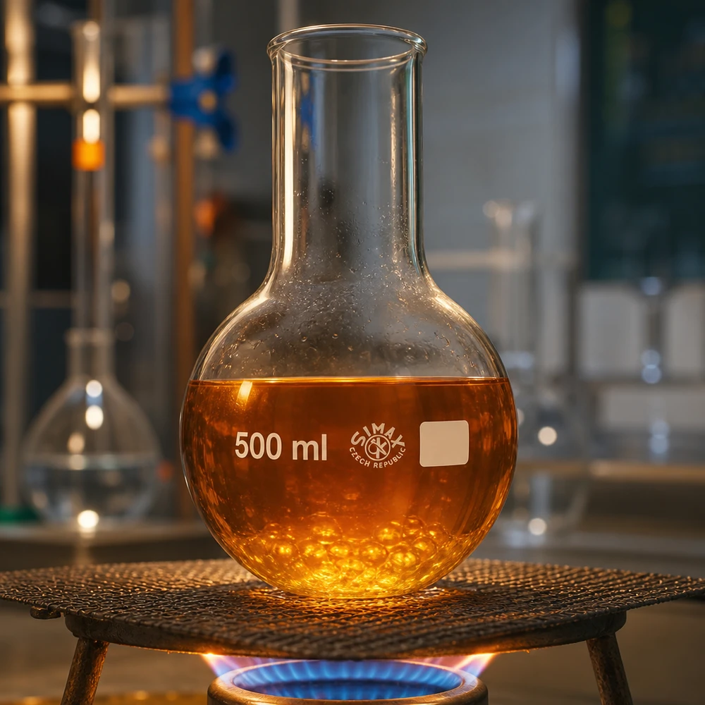 Platbodem kolf 500ml wijde hals borosilicaat met afgeronde rand Rondbodemkolf 500 ml met wijde hals, ideaal voor organische chemie en onderzoekswerk