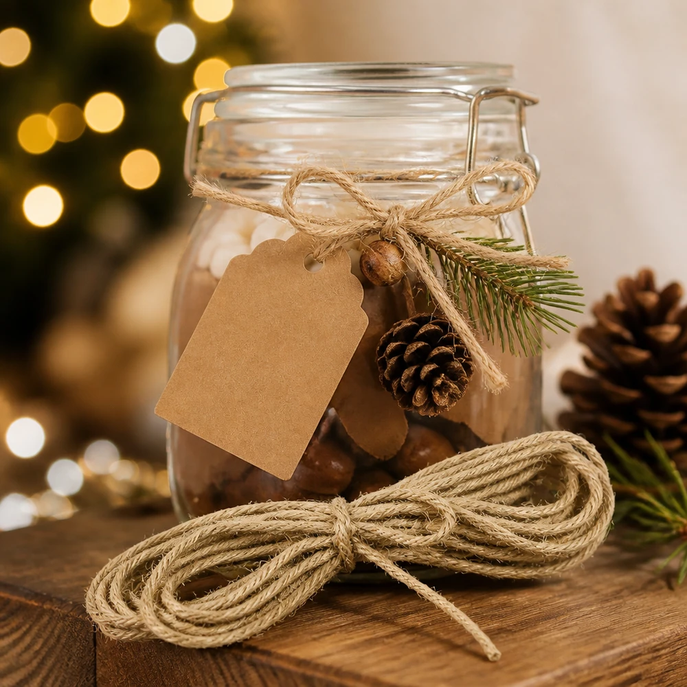Natuurlijk koord voor decoratie, 300 cm lang Natuurlijk jute koord 300cm als kerstdecoratie met dennenappels en cadeaulabel op een feestelijk versierde pot