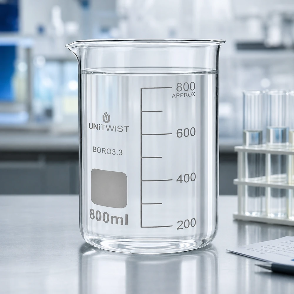 Beker 800ml borosilicaat, hoge vorm UNITWIST UNITWIST BORO3.3 bekerglas, 800 ml, hoog model met wit labelveld voor laboratoriumgebruik