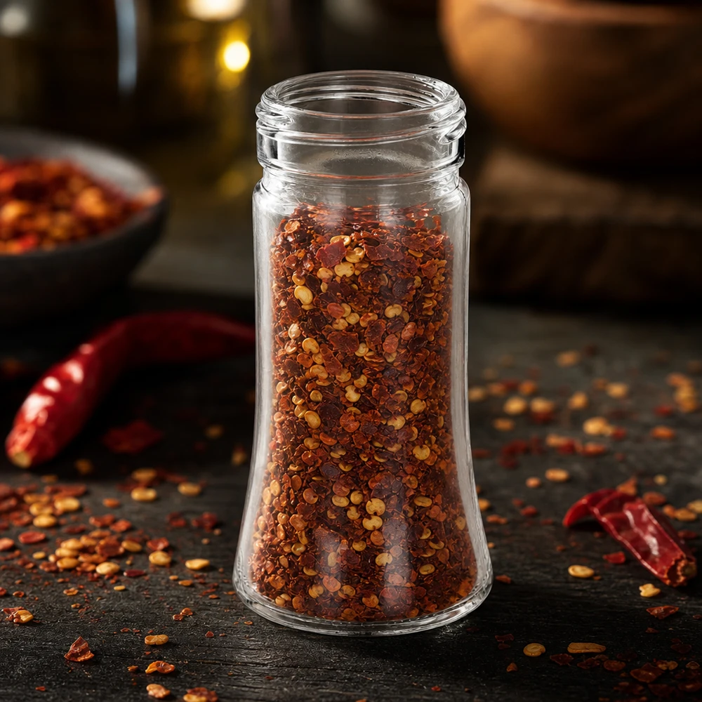 Kruidenstrooier Bobby van helder glas, 95 ml, met rode chilipoeder in een sfeervolle omgeving