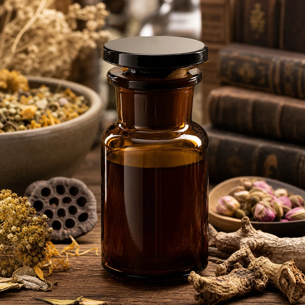 Apothekersfles 50 ml wijde hals bruin glas incl. glazen stop Flesje etherische olie van 50 ml, bruin, met brede hals en glazen stop, op een houten tafel met kruiden en geneeskrachtige planten