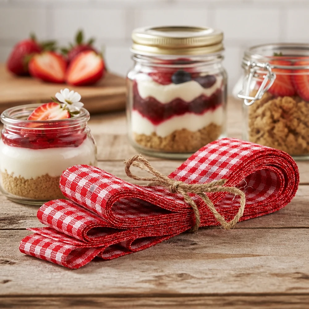 Stofband rood/wit voor decoratie, 300 cm Rood en wit geruit stoffen lint 300cm met jute strik naast zelfgemaakte desserts in een glas op een houten achtergrond
