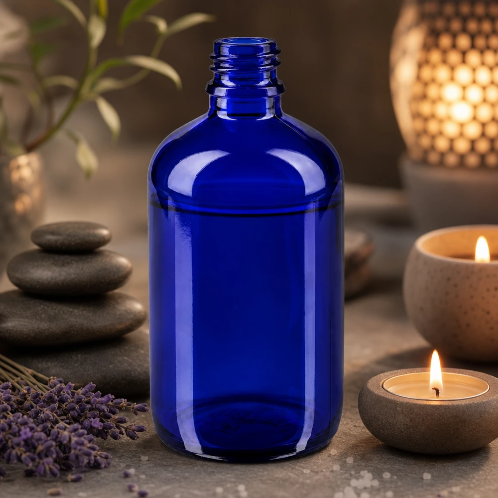 Blauwe glazen fles 100ml Compact flesje van 100 ml van speciaal blauw glas - perfect voor op reis en onderweg