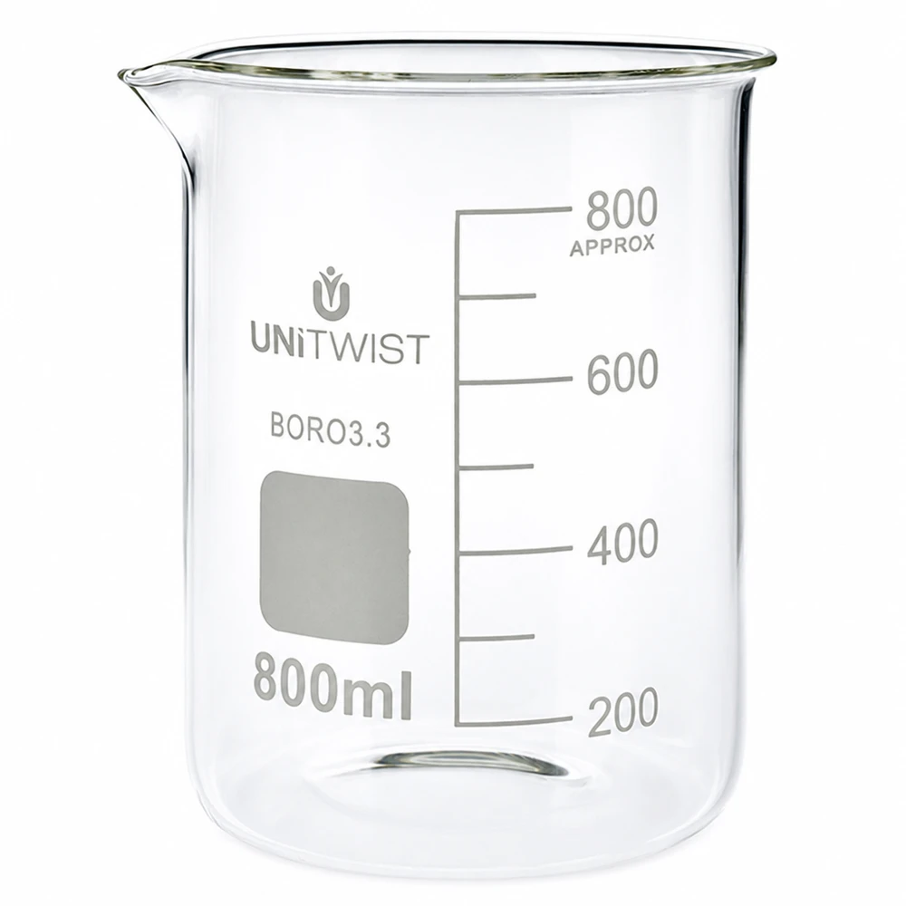 Beker 800ml borosilicaat, lage vorm UNiTWIST Borosilicaat bekerglas, laag model, 800 ml, met tuit en witte schaalverdeling
