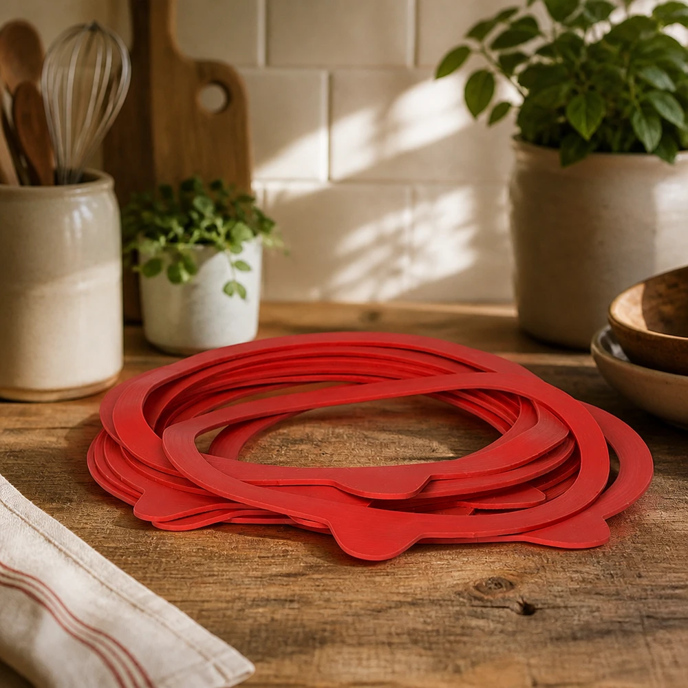 Inlegring van natuurrubber RR120 Rode RR120 natuurrubber inmaakringen uitgespreid op een houten werkblad in een gezellige keuken met kruidenpotjes