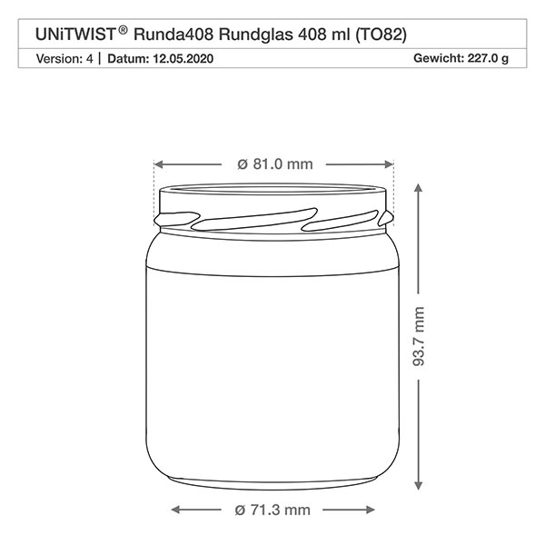 UNiTWIST Runda408 rond glas 408ml TO82 technische tekening met afmetingen diameter 81mm hoogte 93,7mm gewicht 227g