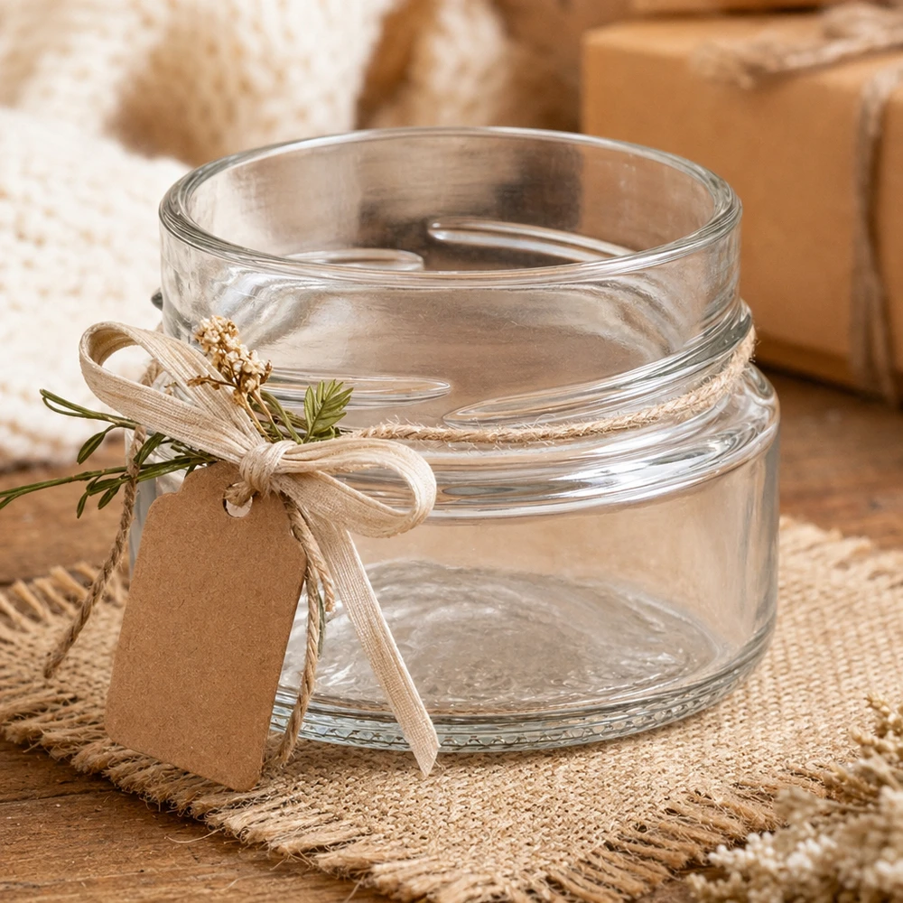UNiTWIST Runda80 ronde pot 80ml TO58deep lege inmaakpot met deksel en lint op een rustieke houten tafel