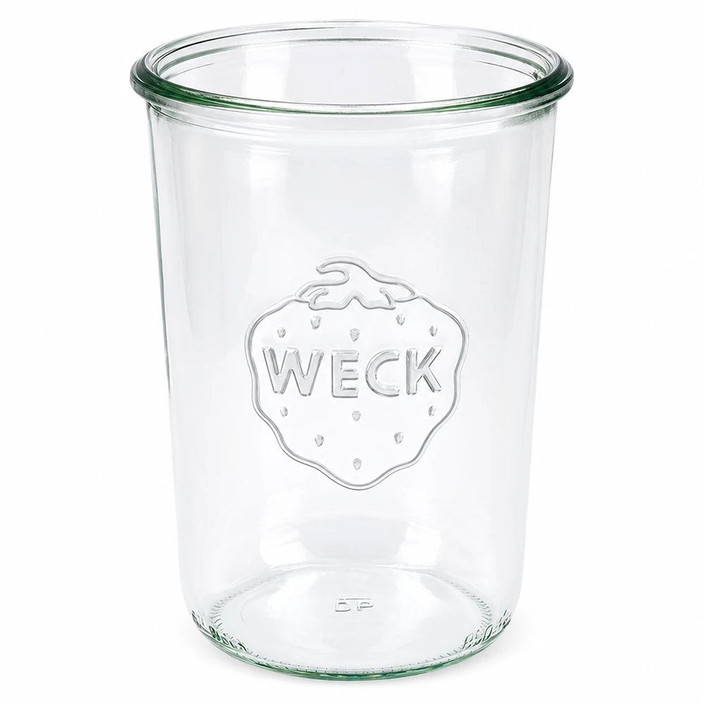 850ml stortglas WECK RR100 WECK beker 850ml RR100 van helder glas met gegraveerd logo en groene rand voor bewaren en opbergen