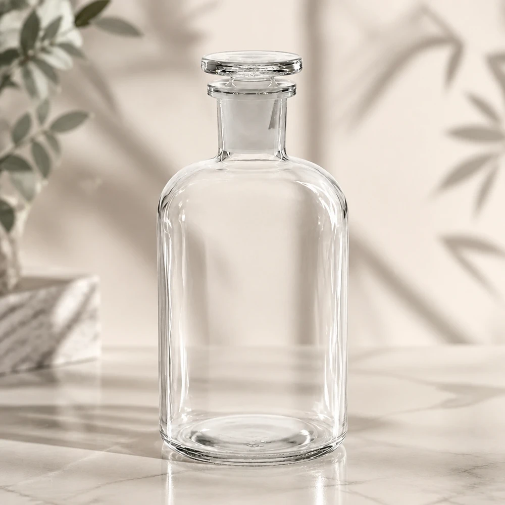 Apothekersfles 500 ml nauwe hals helder glas incl. glazen stop Glazen fles van 500 ml met brede bodem, ronde schouders, smalle hals en hermetische glazen stop
