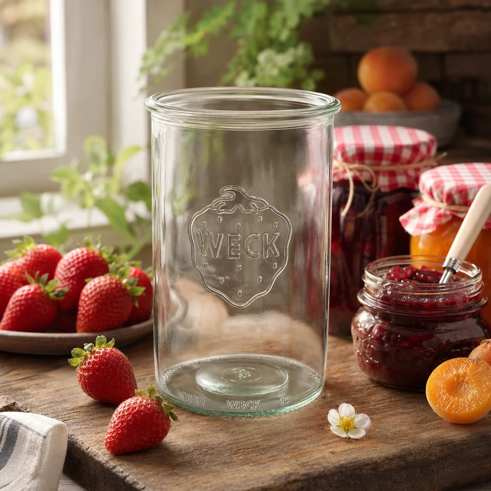 1000ml inmaakpot WECK RR100 op een houten tafel met verse aardbeien en zelfgemaakte jam