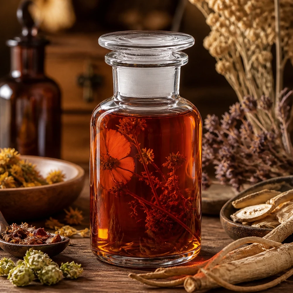 Apothekersfles 250 ml wijde hals helder glas incl. glazen stop Vintage kruidenflesje van 250 ml van helder glas met stop en plantaardige ingrediënten