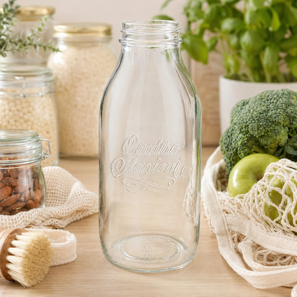 1000 ml fles met wijde hals "Quattro Stagioni" 1000ml Quattro Stagioni wijdmondse glazen fles met gegraveerd opschrift op houten tafel naast vers voedsel