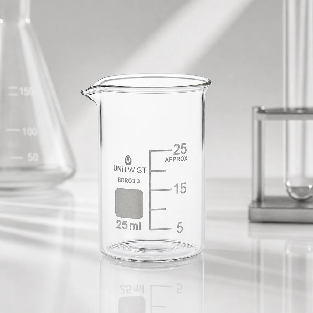 Beker 25ml borosilicaat, lage vorm UNiTWIST Klein laboratoriumglas van 25 ml, gemaakt van borosilicaatglas 3.3, met schenktuit en geëtste milliliterschaal