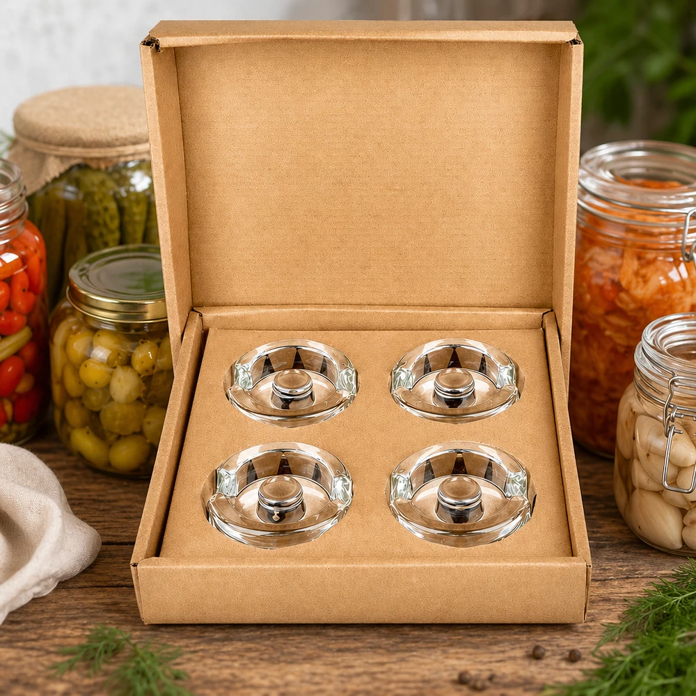 Vier UNiTWIST fermentatiepotgewichten met handvat in geschenkverpakking naast ingemaakte groenten en inmaakpotten
