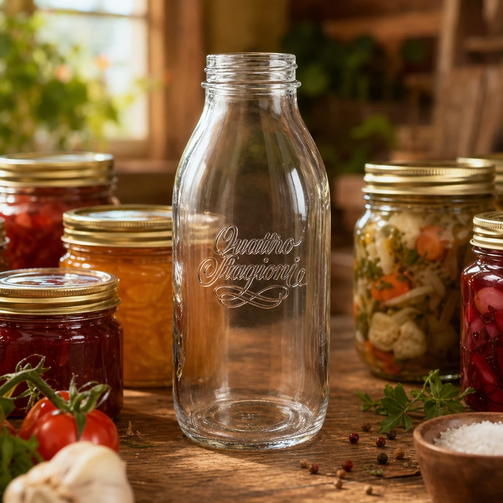 1000 ml fles met wijde hals "Quattro Stagioni" 1000 ml glazen Quattro Stagioni fles met brede hals voor het conserveren en inblikken van voedsel op een houten tafel
