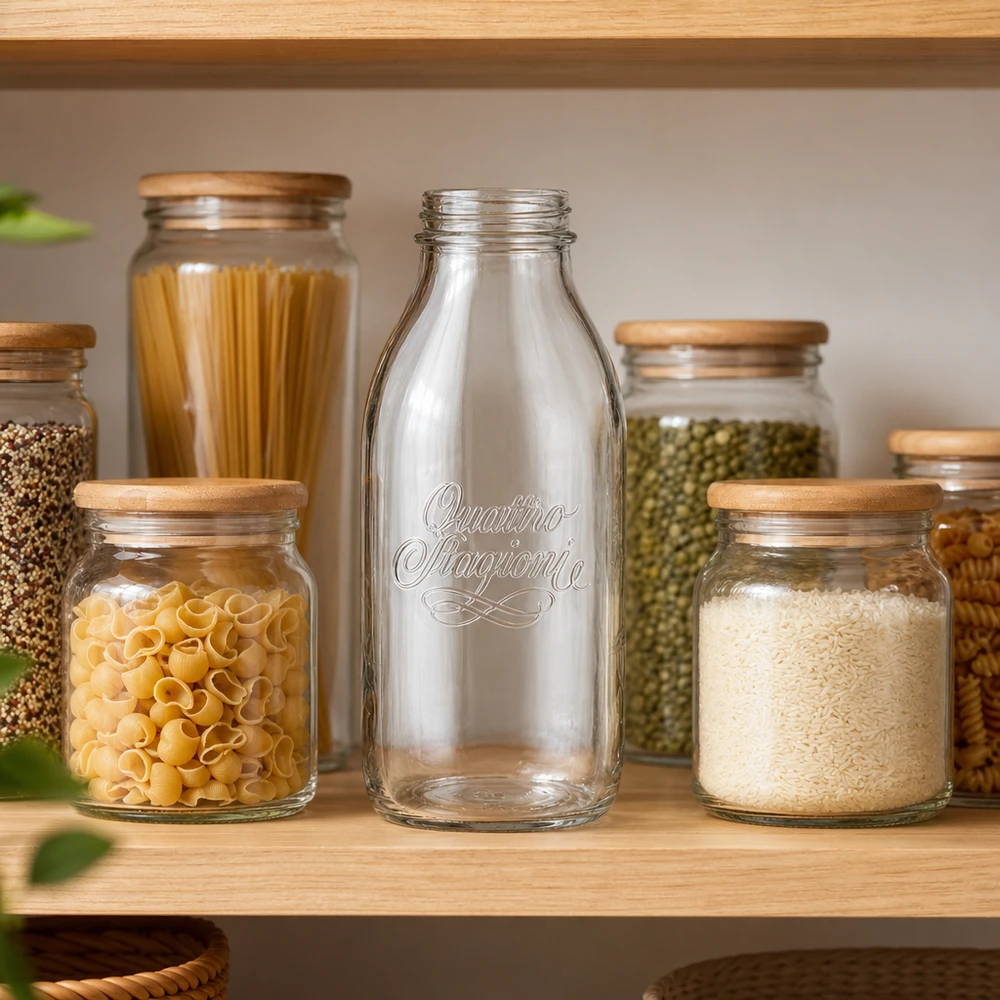 1000 ml fles met wijde hals "Quattro Stagioni" 1000ml grote glazen Quattro Stagioni fles met houten deksel tussen voorraadpotten pasta en rijst op de plank