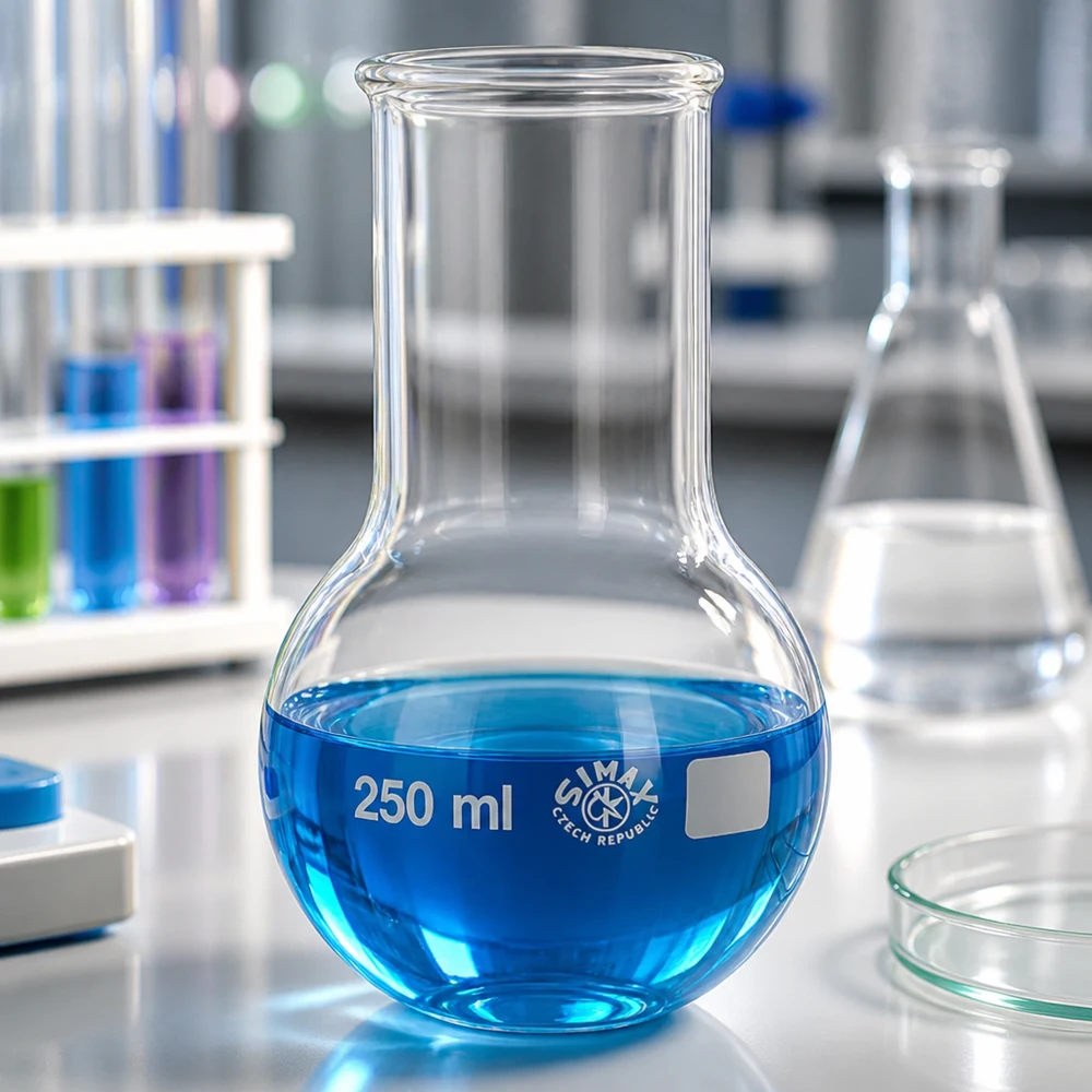 Platbodem kolf 250ml wijde hals borosilicaat met afgeronde rand Rondbodemkolf met een capaciteit van 250 milliliter, optimaal voor middelgrote reactiebereidingen
