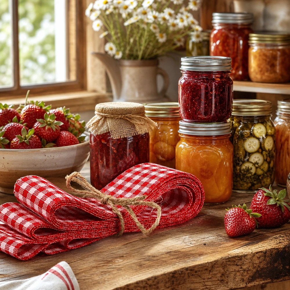 Stofband rood/wit voor decoratie, 300 cm Rood en wit geruit stoffen lint van 300 cm decoratief gerangschikt met inmaakpotten en aardbeien in een rustieke keuken