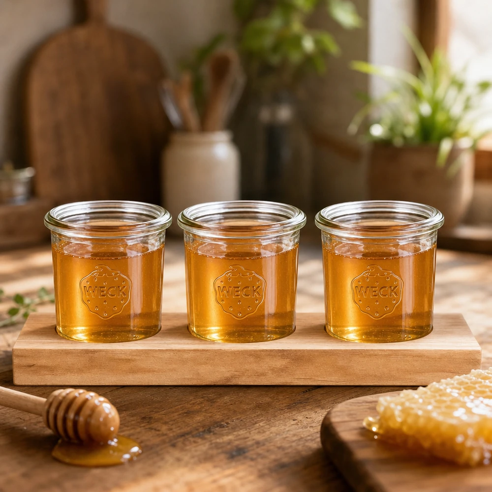 Serveerplank Plano3 met 3 Weck-glazen van 140 ml Honing natuurlijk gepresenteerd in WECK 140ml tumblers op een houten serveerplank met honinglepel en honingraat