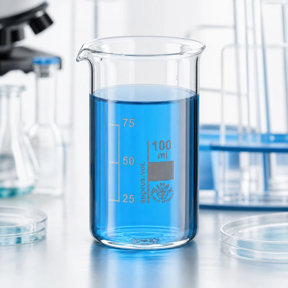 Bekerglas 100 ml van hittebestendig borosilicaatglas (hoog model) Hittebestendige borosilicaatglazen bekerglas van 100 ml, hoog model, naast petrischalen