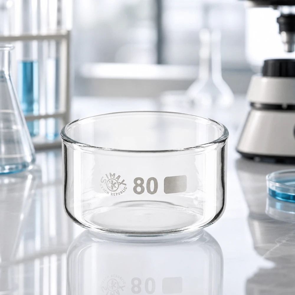 Kristalliseerschaal 150ml zonder schenktuit Scheikundelaboratorium: kristallisatieschaal, plat en cilindrisch, diameter 80 mm, inhoud 150 ml, SIMAX
