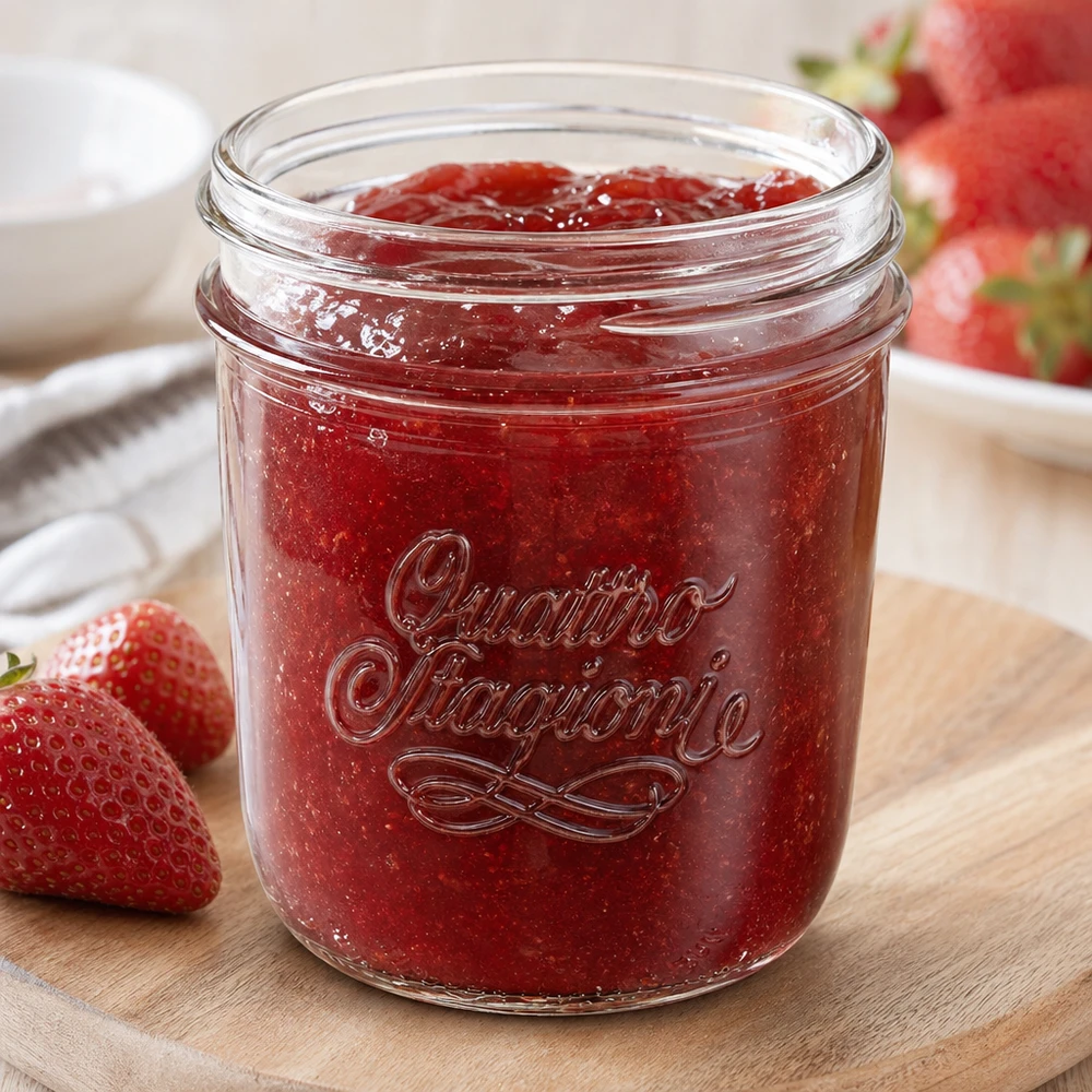 320ml "Quattro Stagioni" beker QS86mm Quattro Stagioni Sturzglas 320ml mit Erdbeermarmelade gefüllt auf Holzbrett mit frischen Erdbeeren