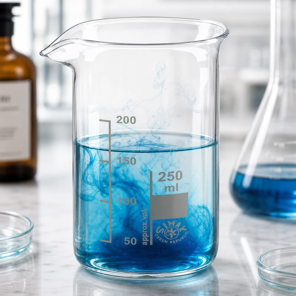 Bekerglas 250 ml van hittebestendig borosilicaatglas (hoog model) Chemielaboratoriumbeker van 250 ml, hoog model, naast een Erlenmeyer-kolf en een bruine glazen fles