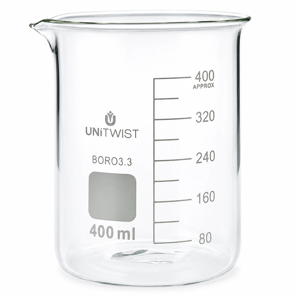 Bécher 400ml borosilicate, forme basse UNiTWIST Laboratoriumbeker van 400 ml met stevige greep, vervaardigd uit hoogwaardig borosilicaatglas 3.3 UNiTWIST