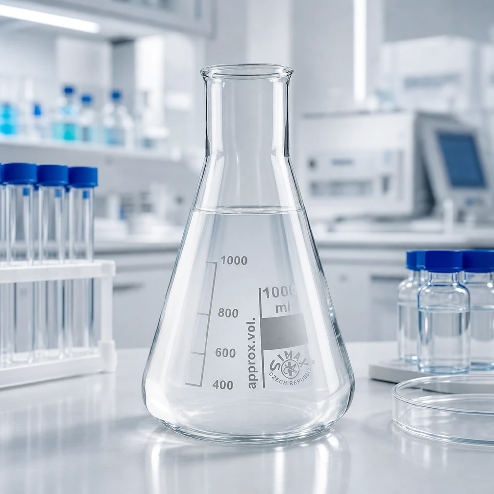Erlenmeyer 100ml wijde hals borosilicaat met afgeronde rand Kleine erlenmeyer van 100 ml met wijde hals, ideaal voor microanalyses en monstervoorbereiding