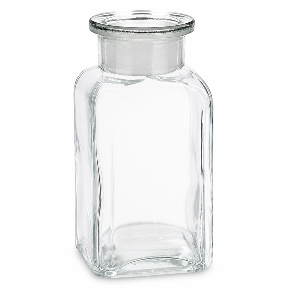Vierkant-apothekersfles 100 ml wijde hals helder glas incl. glazen stop Vierkante fles van helder glas, 100 ml, met brede hals, ideaal voor chemicaliën en reagentia
