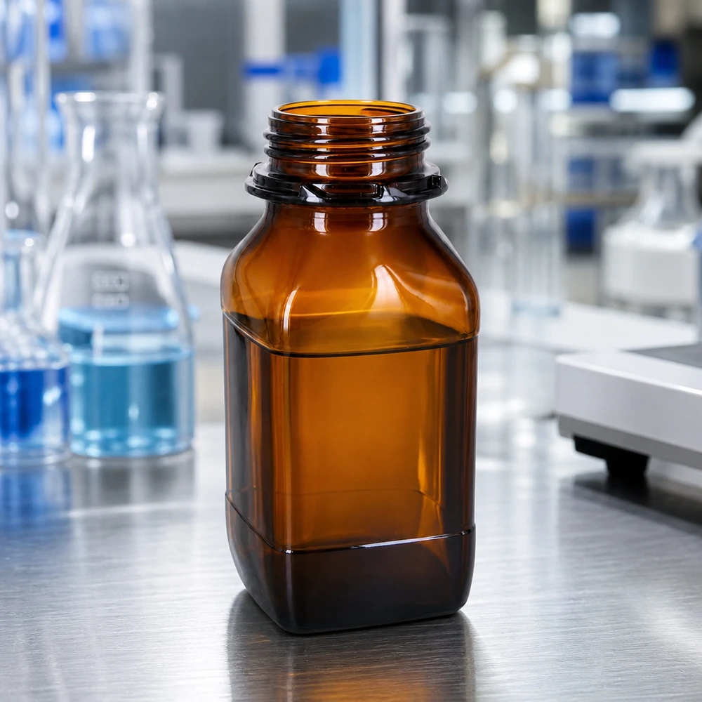 Voorraadfles van 500 ml van bruin glas – uw betrouwbare bescherming voor waardevolle stoffen Rechthoekige 500ml chemiefles van hoogwaardig amberkleurig borosilicaatglas voor laboratoria