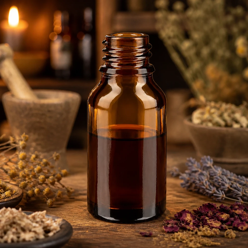 Bruine glazen fles 15ml 15ml bruin apothekersflesje ApoGlas gevuld met donkere vloeistof omringd door gedroogde medicinale kruiden en vijzel