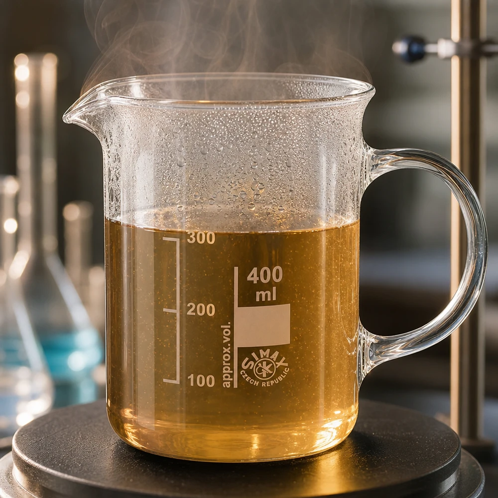 Bekerglas 400 ml van hittebestendig borosilicaatglas met handvat Bekerglas met handvat, 400 ml, borosilicaatglas, voor verwarmingstoepassingen, bruine reactieoplossing
