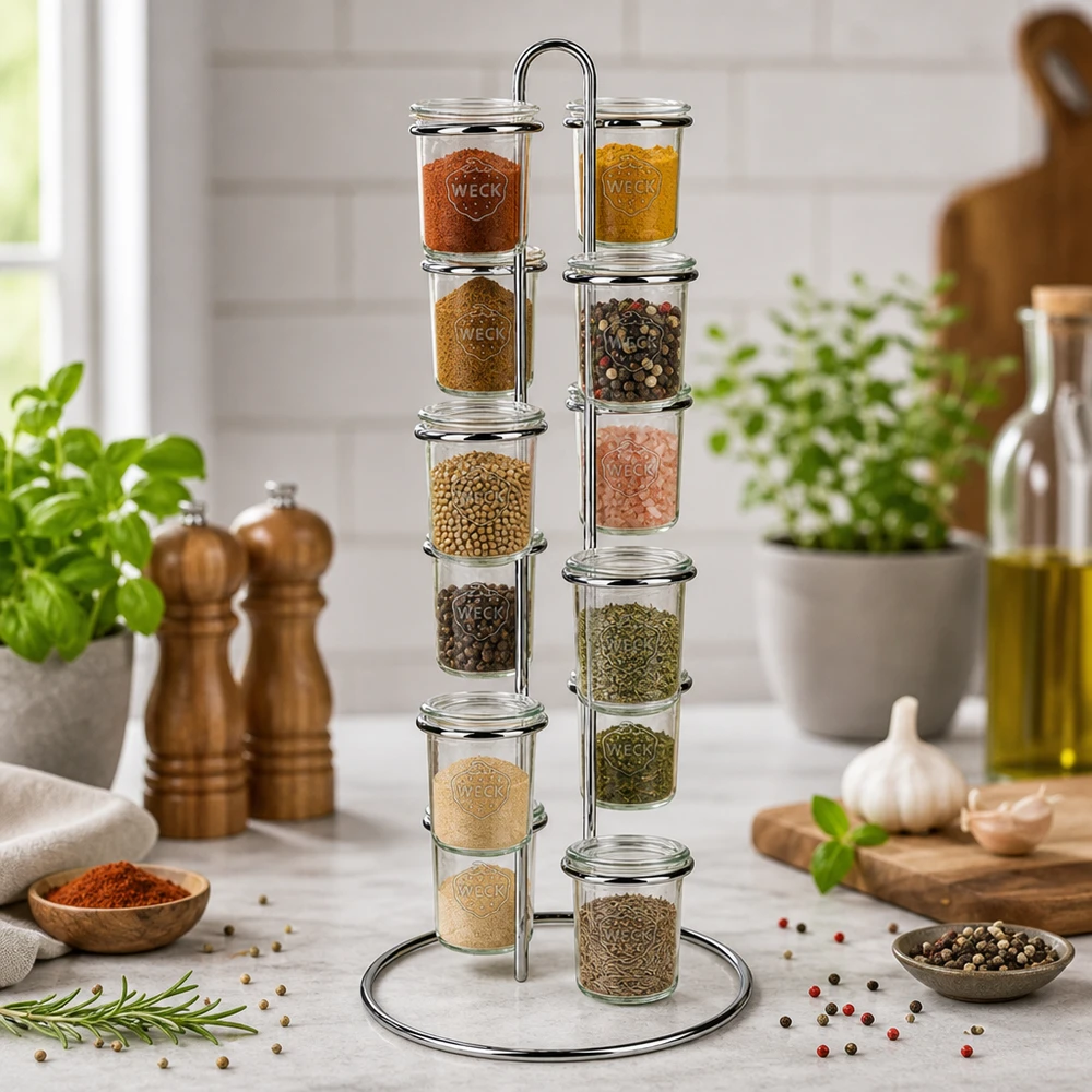 Serveerrek Vertico12 voor 12 WECK stortglas Elegante Küchenorganisation mit WECK Vertico12 Gewürzkarussell umgeben von frischen Kräutern und Kochutensilien