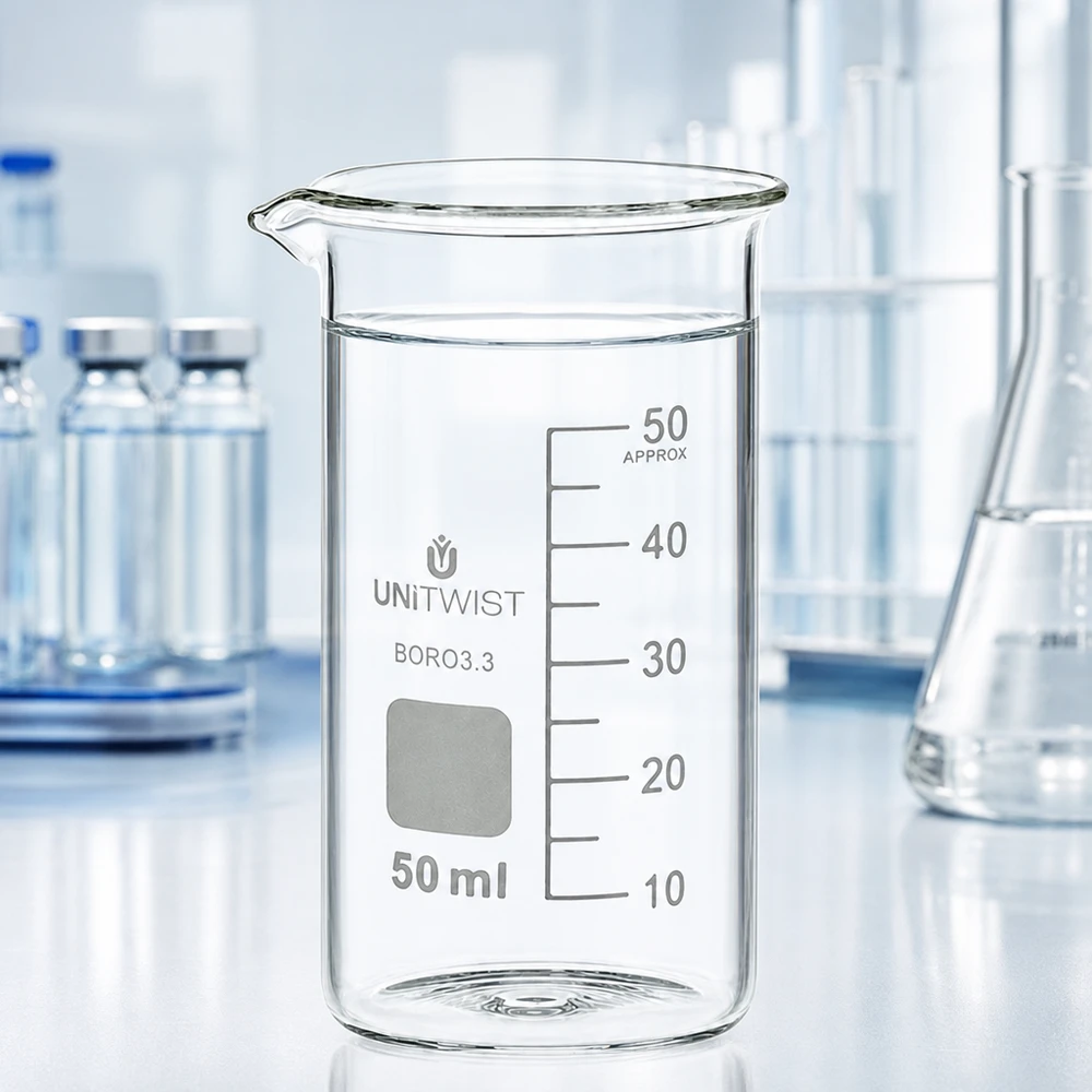 Beker 50ml borosilicaat, hoge vorm UNITWIST Hoge bekerglas 50 ml UNITWIST met geëtste schaalverdeling en grijs markeerveld
